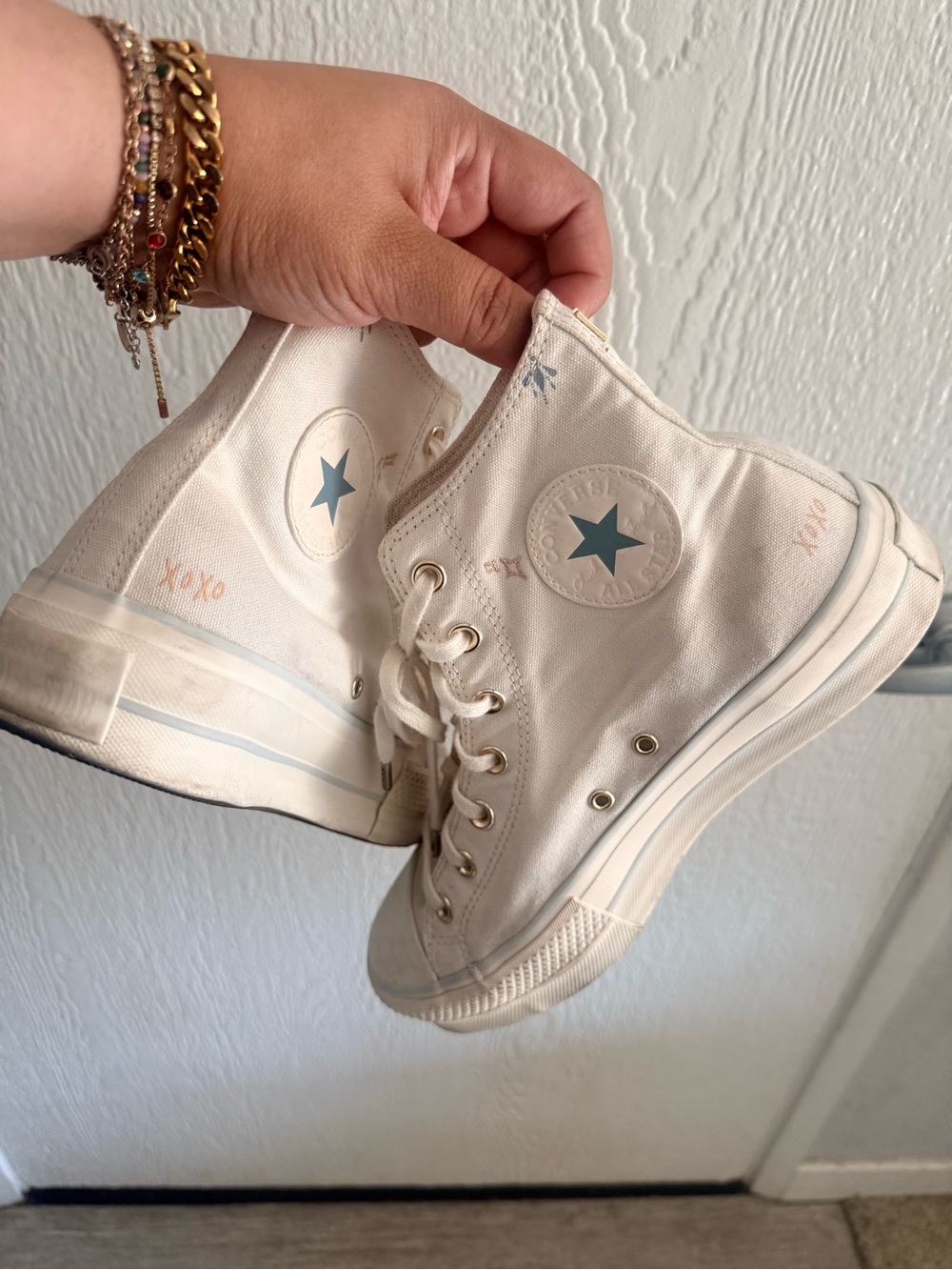 Converse High Top Sneakers in Cream with Blue Star